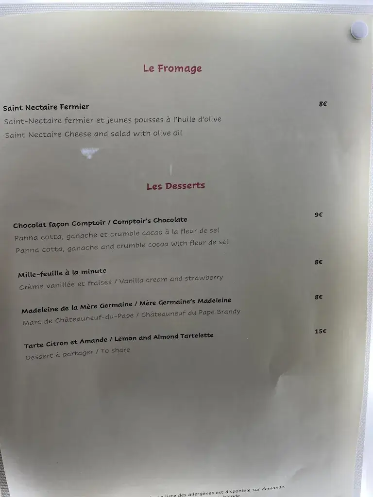 Menu_Le Comptoir de La Mère Germaine_Châteauneuf-du-Pape_image_4