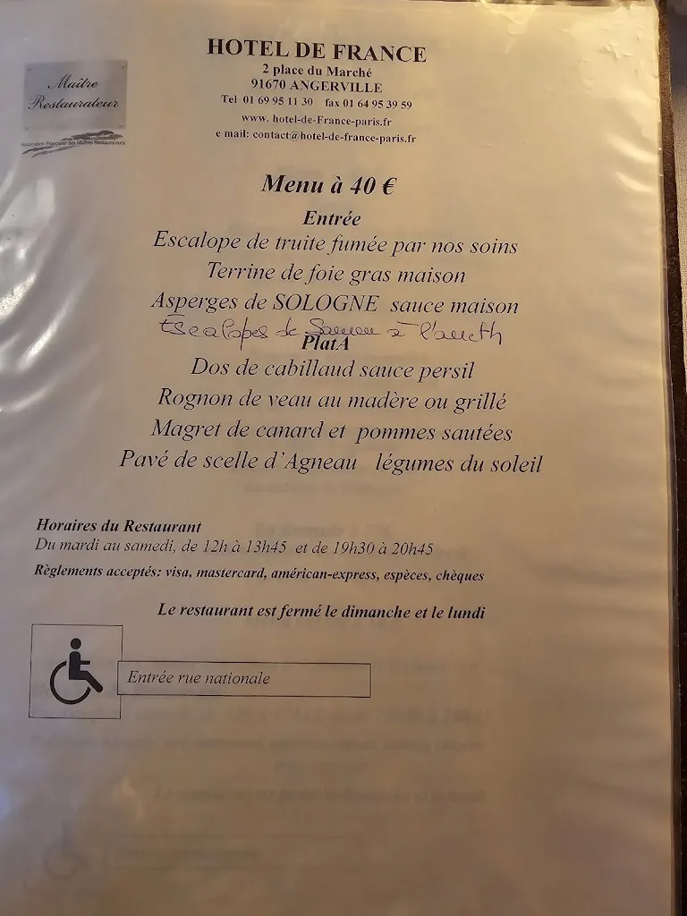 Menu_Restaurant de l'Hôtel de France_Angerville_image_1