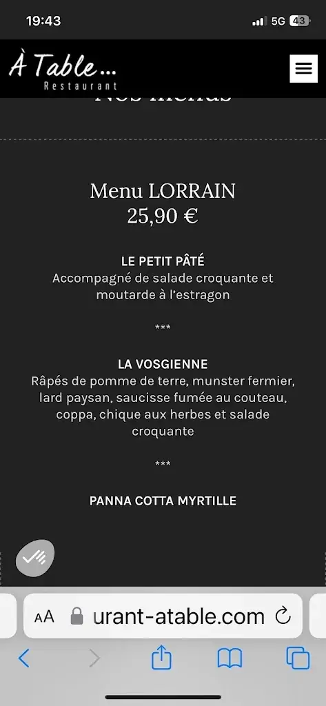 Menu_Restaurant A TABLE..._Vagney_image_1