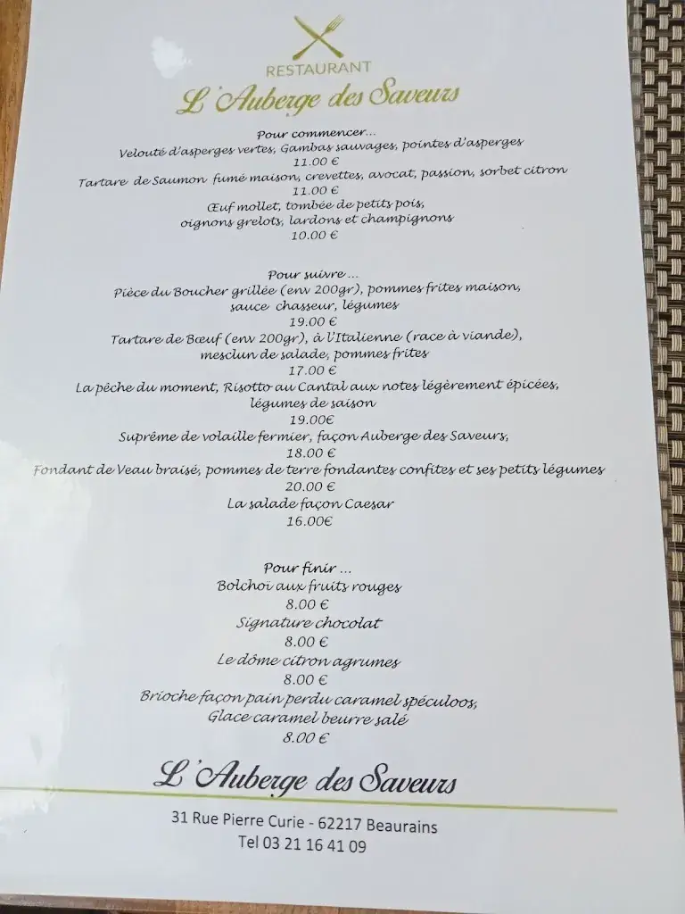 Menu_L'Auberge des Saveurs_Beaurains_image_1
