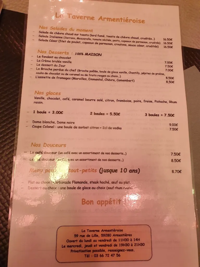 Menu_La Taverne Armentièroise_Armentières_image_2