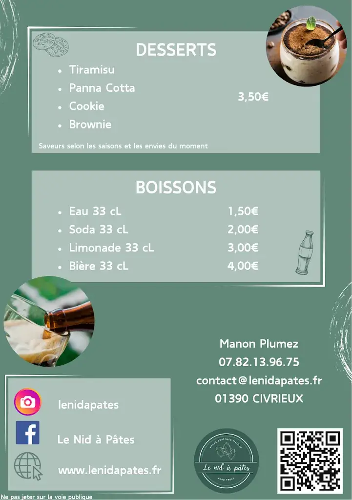 Menu_Le Nid à Pâtes - Food truck Pâtes_Civrieux_image_1