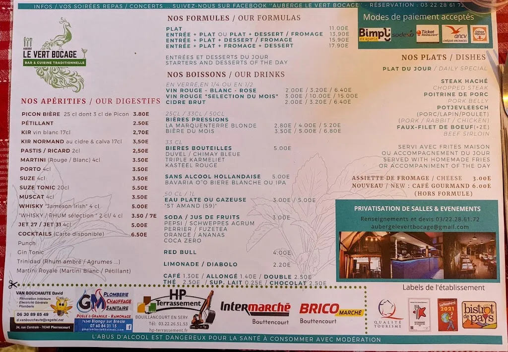 Menu_Auberge Le Vert Bocage _Bouillancourt-en-Séry_image_1