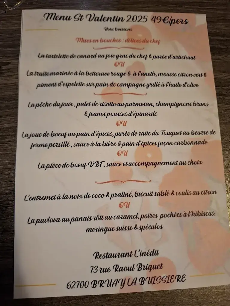 Menu_Restaurant L’inédit - Salle de Réception - Traiteur Bruay-La-Buissière_Bruay-la-Buissière_image_1