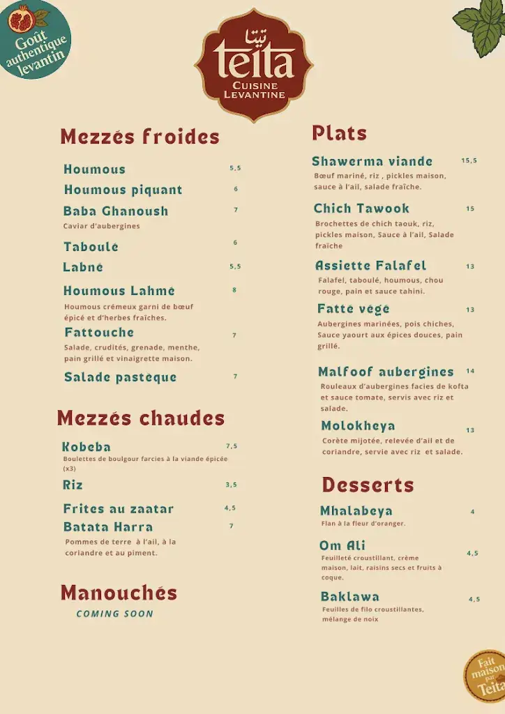 Menu_Teïta - Cuisine Levantine Maison à Marseille_Marseille_image_1
