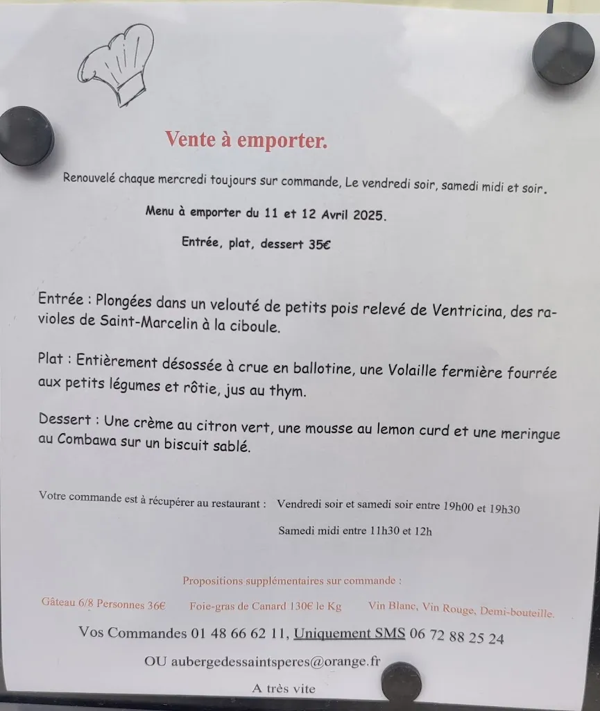 Menu_Restaurant Auberge des Saints Pères Aulnay sous bois_Aulnay-sous-Bois_image_1