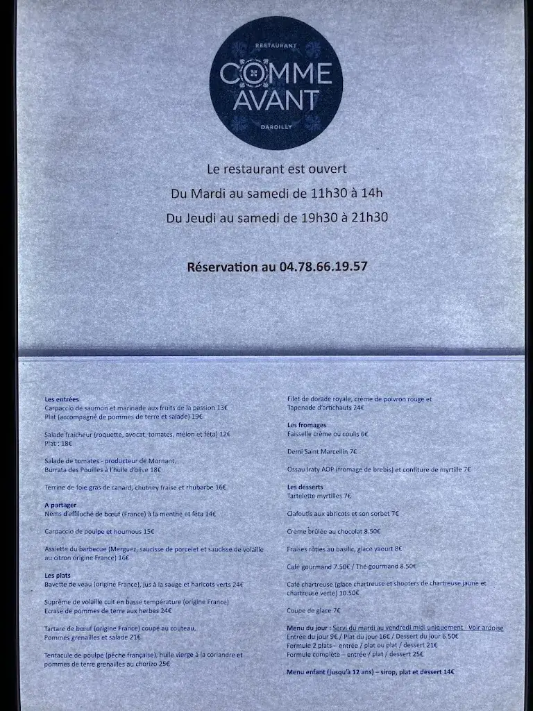 Menu_RESTAURANT COMME AVANT_Dardilly_image_1