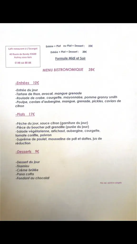 Menu_À L’escargot_Aulnay-sous-Bois_image_1