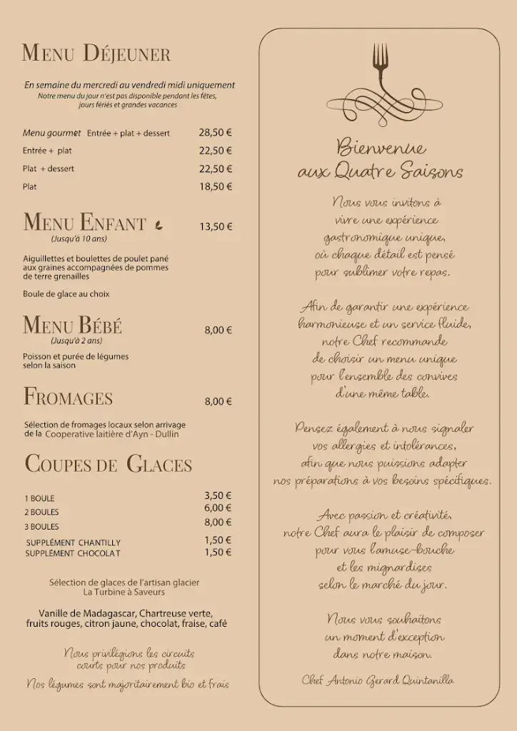 Menu_Restaurant & Hôtel Les Quatre Saisons_Dullin_image_1