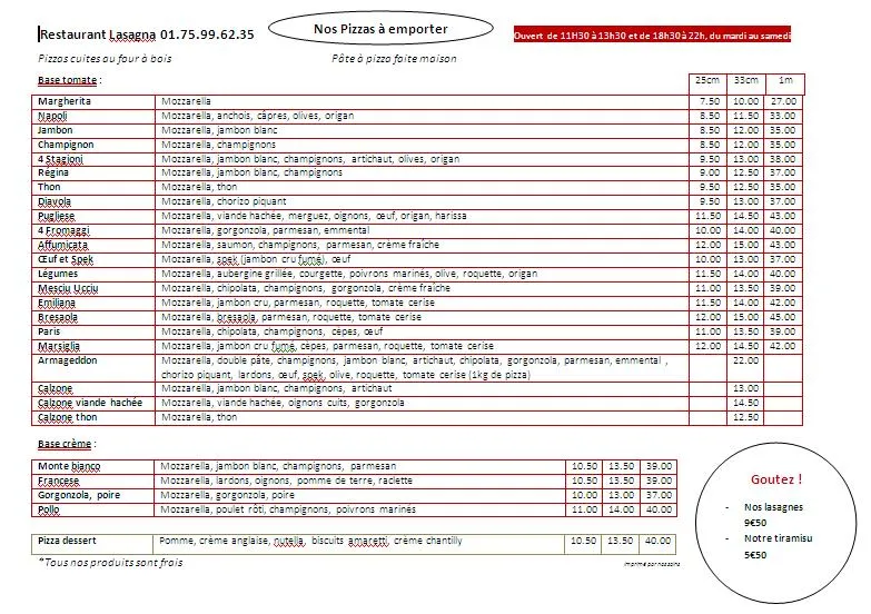Menu_RESTAURANT LASAGNA_Choisy-en-Brie_image_1