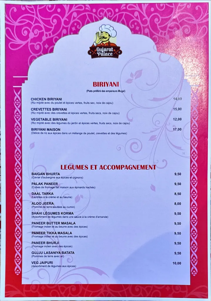 Menü_Gujarat Palace Restaurant indien_Draveil_Bild_4