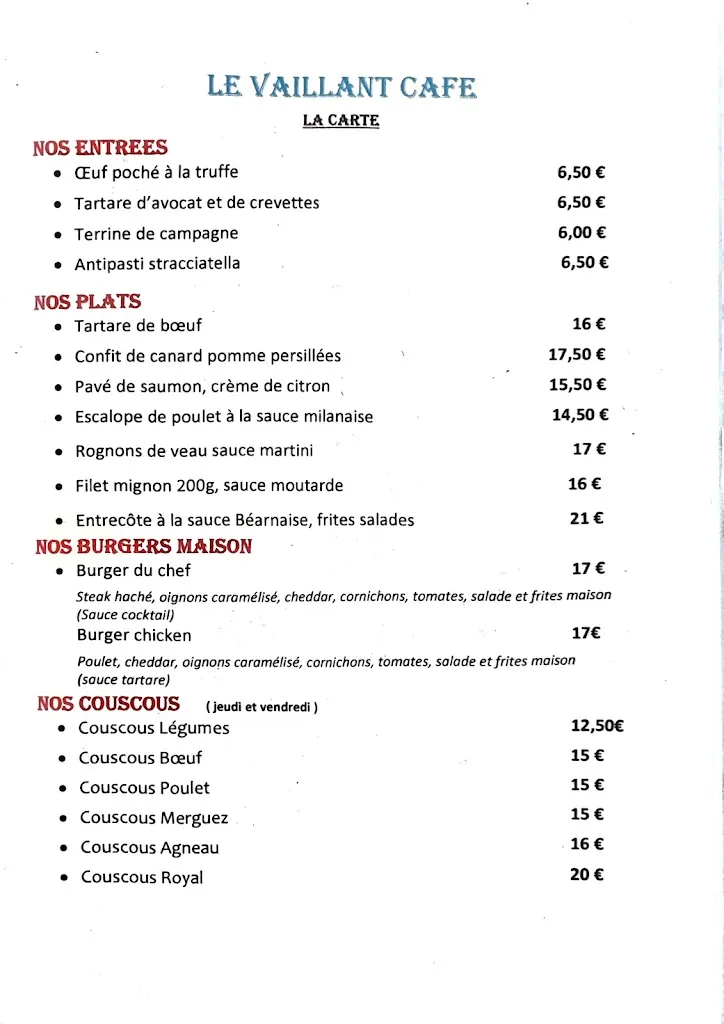 Menu_Restaurant café le Vaillant Gentilly_Gentilly_image_1
