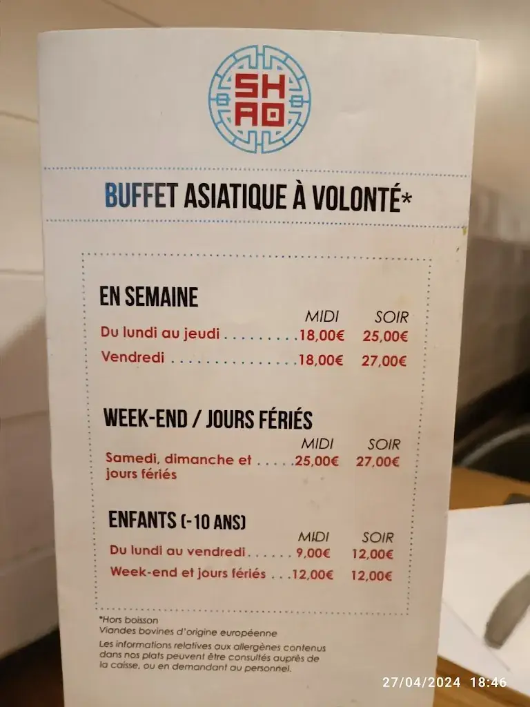 Menu_Restaurant Shao Lisses / Buffet Wok Grillade Asiatique et Indien - Vente à Emporter / 91 Essonnes_Lisses_immagine_1