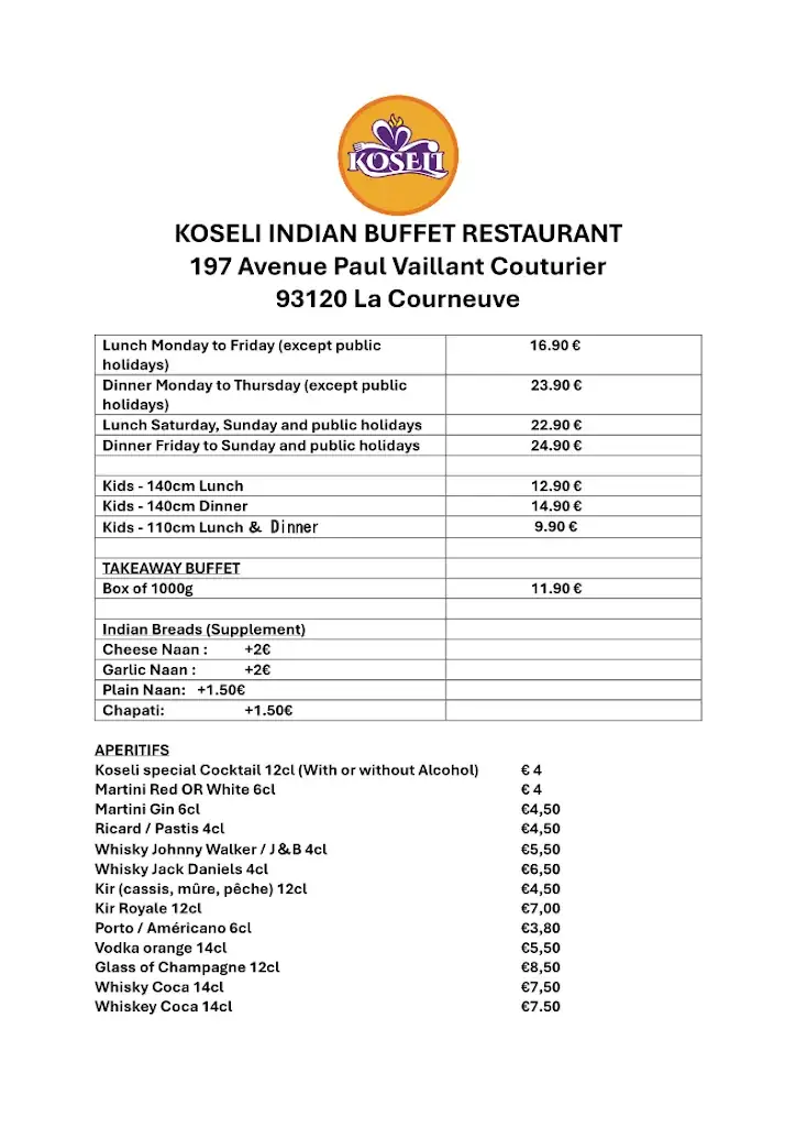 Menu_KOSELI BUFFET LA COURNEUVE: Buffet à volonté indien_Courneuve_image_2