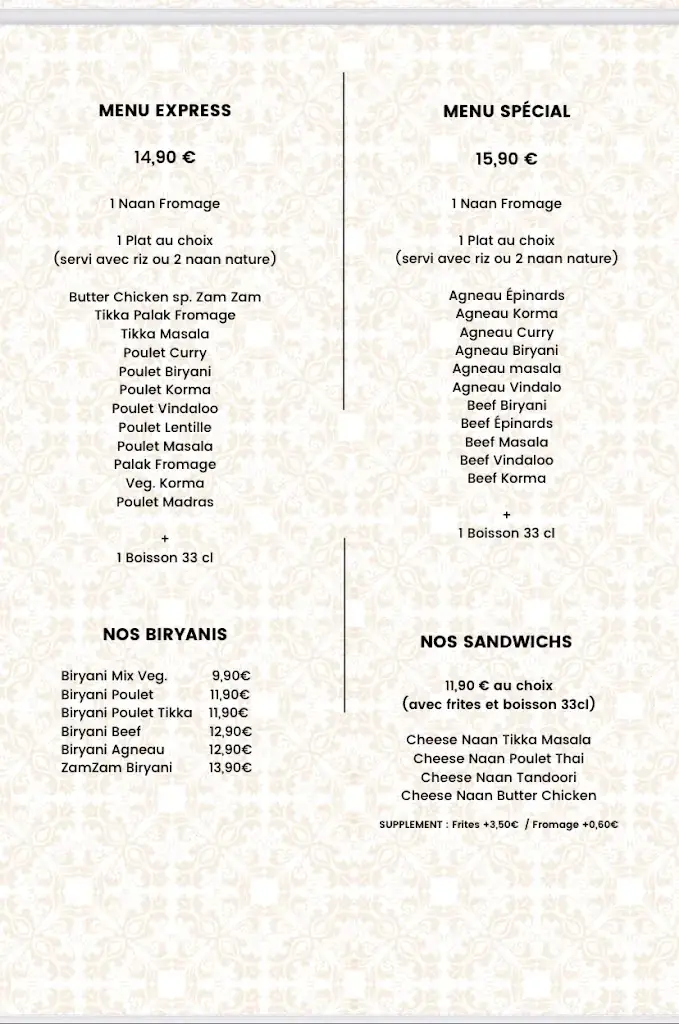 Menu_Zam Zam restaurant indian_Saint-Denis_image_2