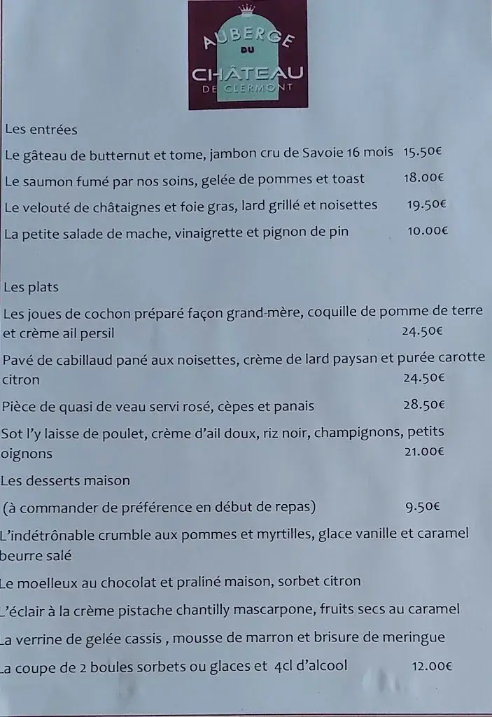 Menu_Auberge du Château de Clermont_Clermont_image_2