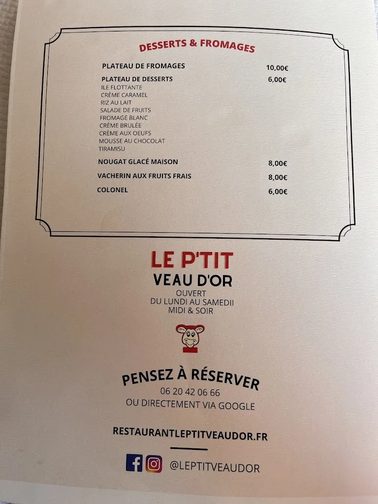 Menu_Restaurant le P'tit Veau d'or_Bois-Guillaume_image_1