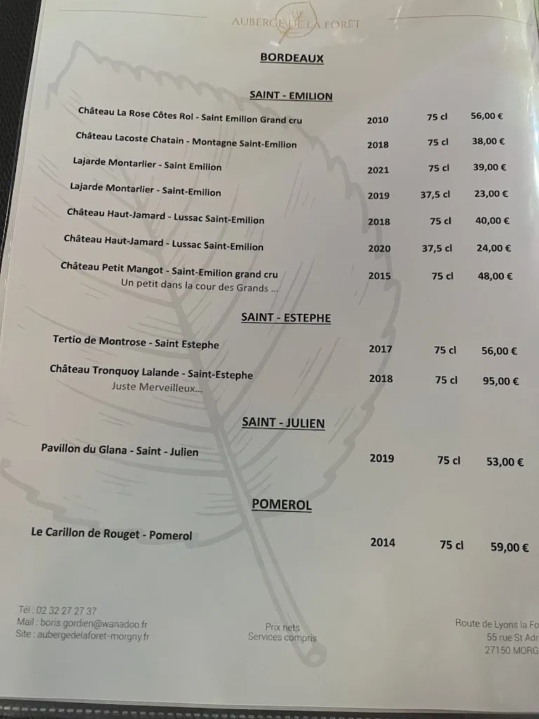 Menu_Auberge de la Forêt_Morgny_image_1