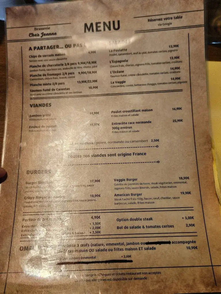 Menu_Brasserie Chez Jeanne - Sainte Mère Église_Sainte-Mère-Église_immagine_3