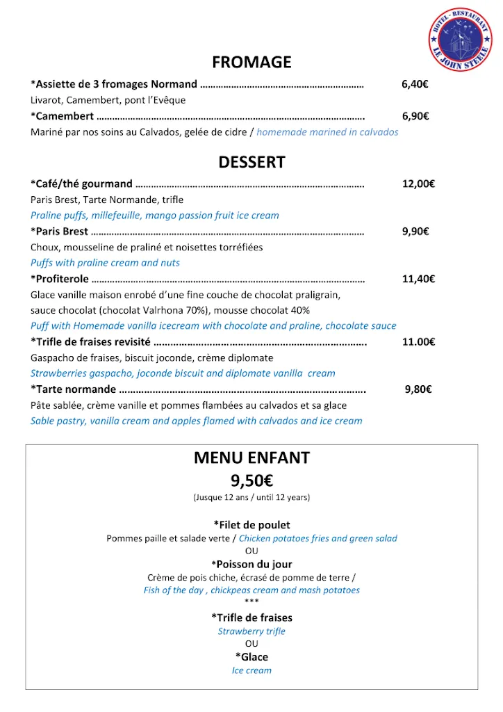 Menu_Restaurant John Steele - Sainte Mère Church_Sainte-Mère-Église_image_1
