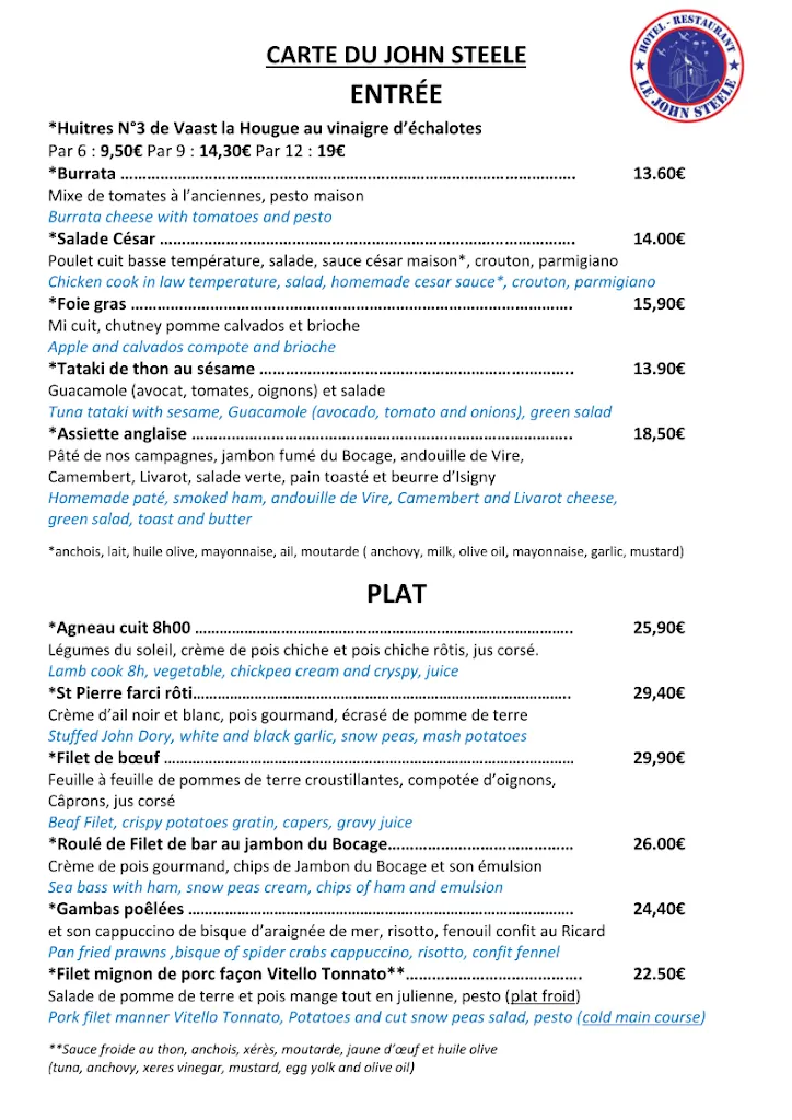 Menu_Restaurant John Steele - Sainte Mère Church_Sainte-Mère-Église_image_2