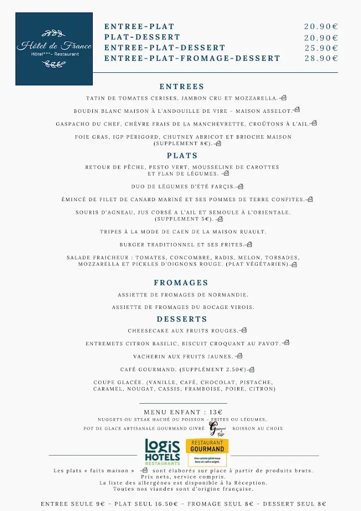 Menu_Restaurant de l'Hôtel de France Vire_Normandie_image_1