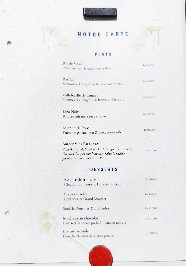 Menu_Vins Paradoxe - Restaurant à Niort_Niort_image_1