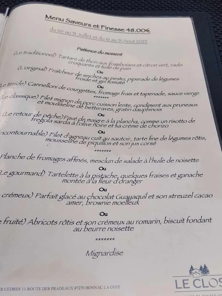Menu_Restaurant Le clos des cèdres_Bonnac-la-Côte_image_1