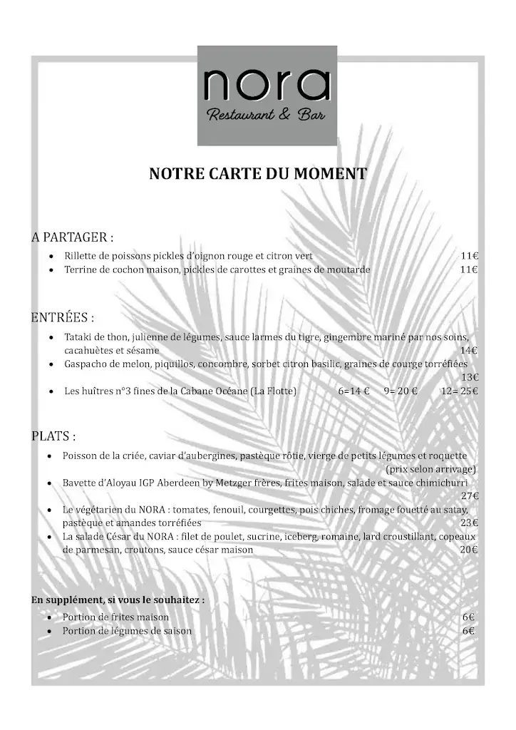 Menu_NORA Restaurant Bar_Couarde-sur-Mer_immagine_1