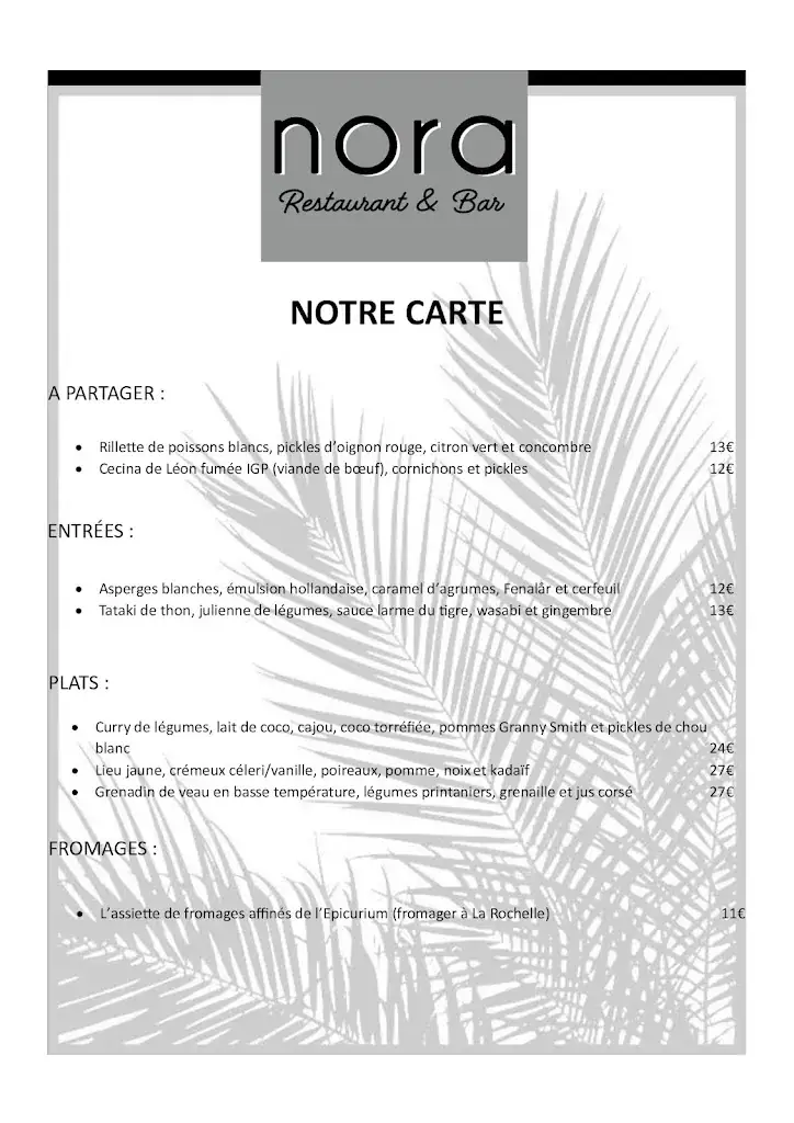 Menu_NORA Restaurant Bar_Couarde-sur-Mer_immagine_4