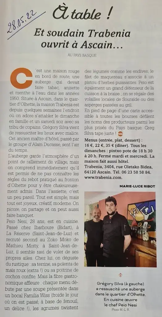 Menu_Hôtel Restaurant TRABENIA_Ascain_image_4