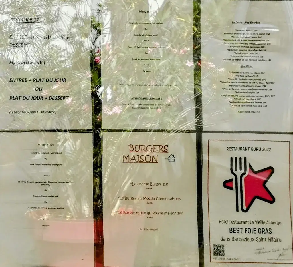 Menu_HOTEL RESTAURANT LA VIEILLE AUBERGE_Barbezieux-Saint-Hilaire_image_1