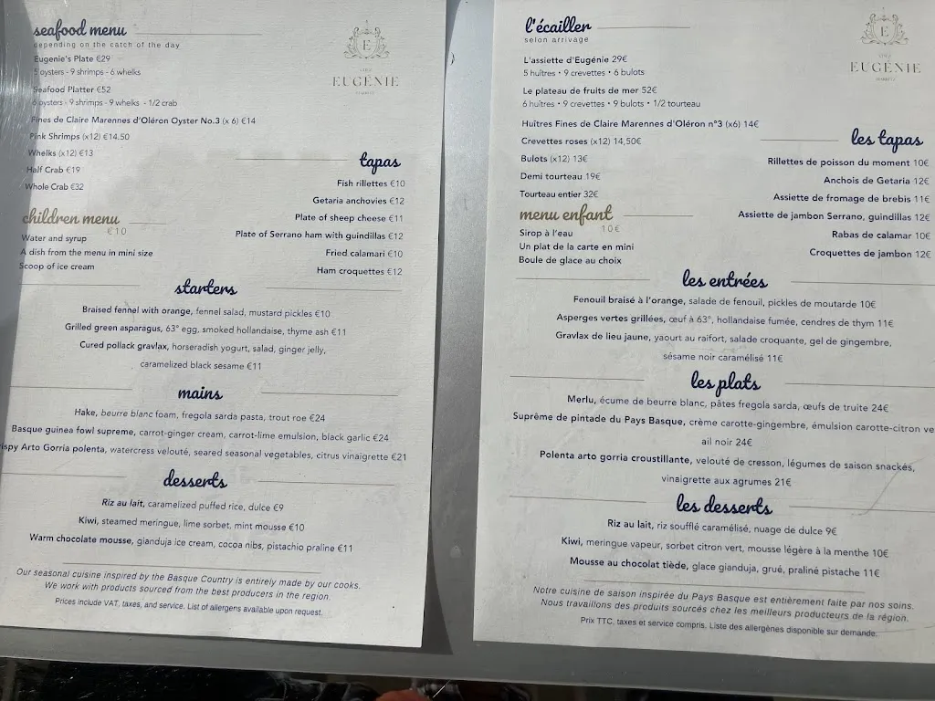 Menu_Chez Eugénie Biarritz_Biarritz_imagen_2