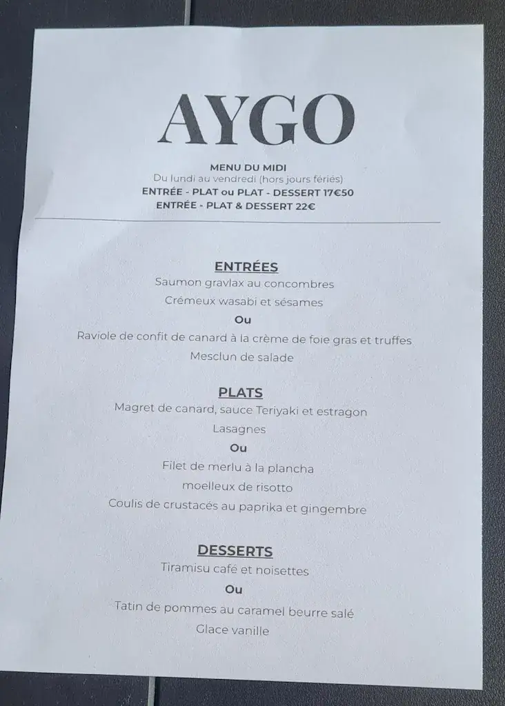 Menu_L’Aygo le restaurant sur l’eau_Bizanos_image_1