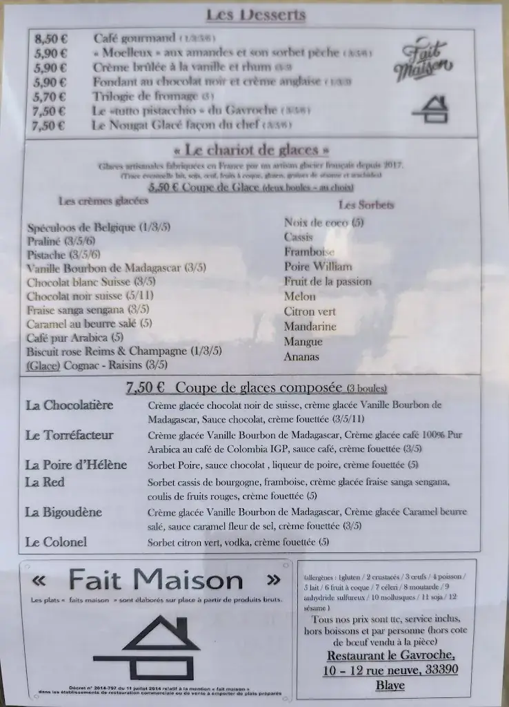 Menu_Le Gavroche Blaye Restaurant / Brasserie_Blaye_image_2