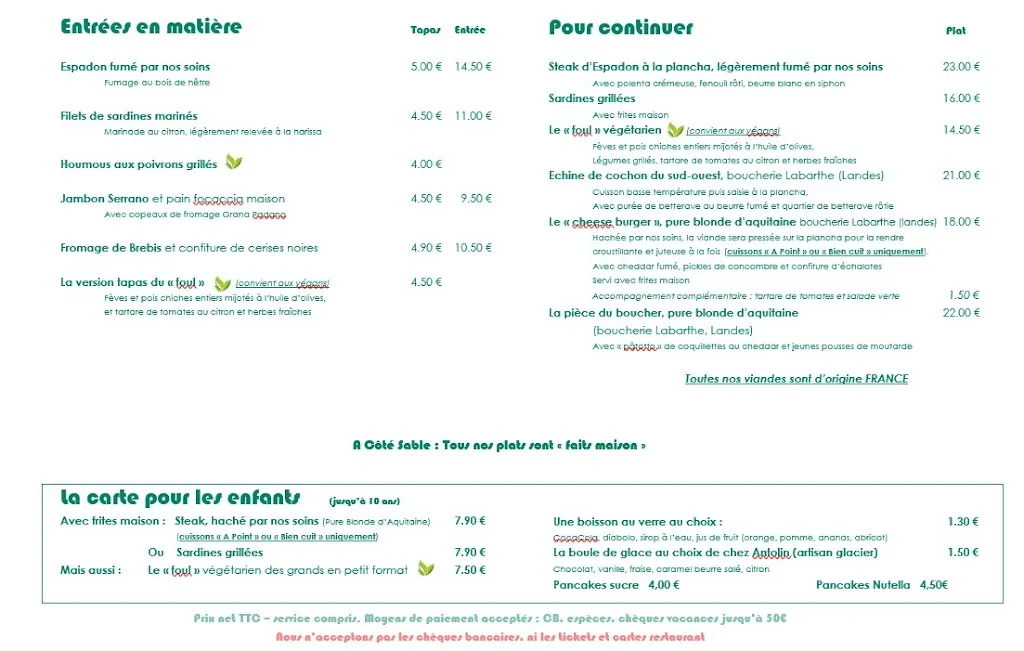 Menu_Bar Restaurant Côté Sable_Vieux-Boucau-les-Bains_image_1