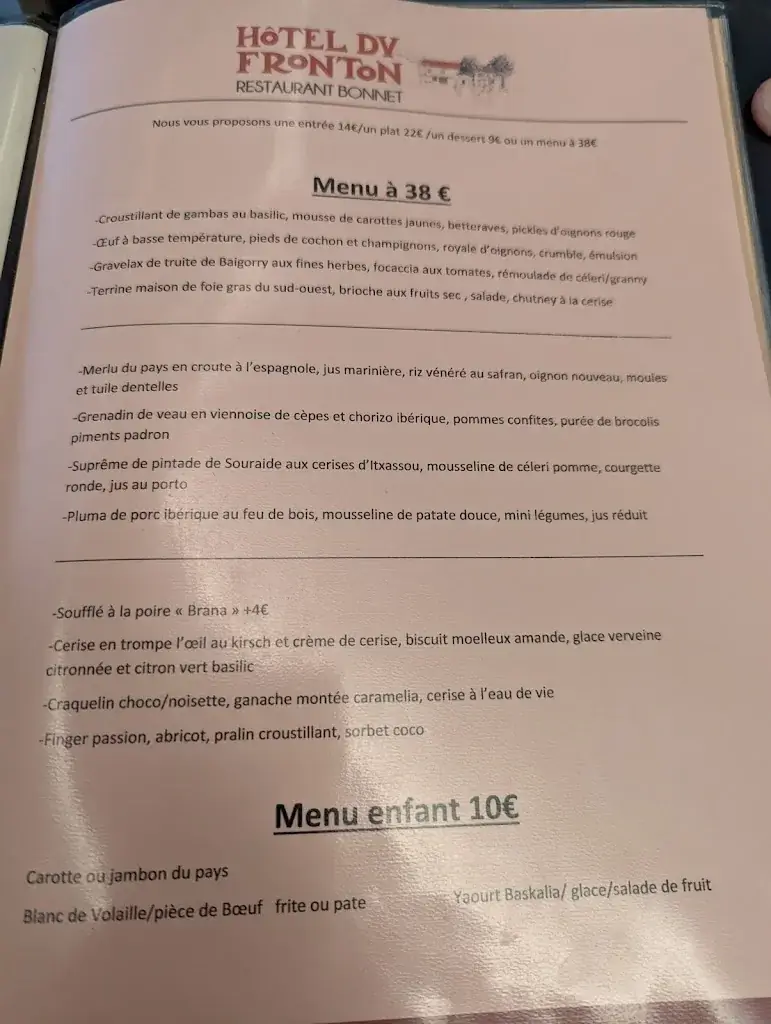Menu_Hôtel-Restaurant du Fronton - Maison Bonnet Itxassou_Itxassou_immagine_2