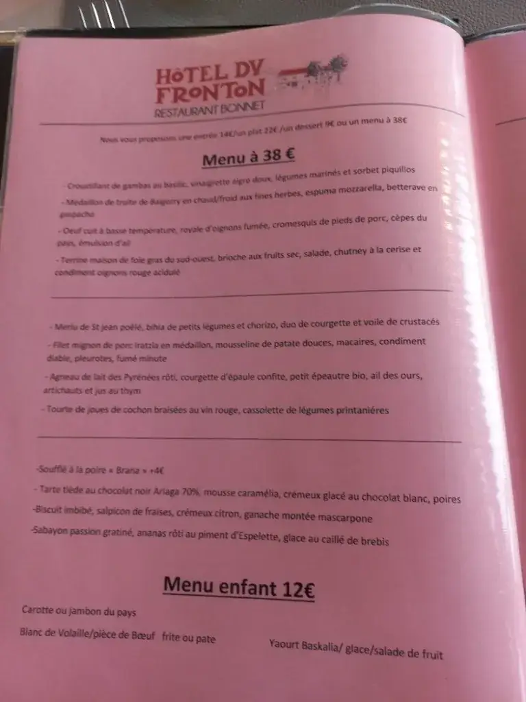 Menu_Hôtel-Restaurant du Fronton - Maison Bonnet Itxassou_Itxassou_immagine_3
