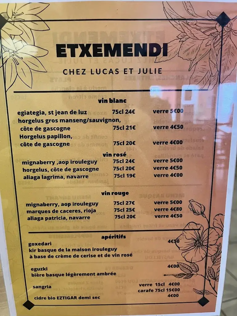 Menu_Bar Restaurant etxemendi Chez Lucas Et Julie_Espelette_imagen_2