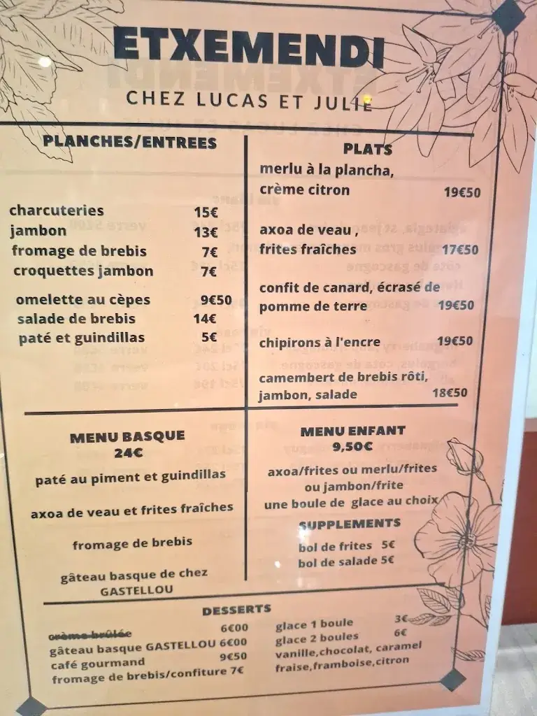 Menu_Bar Restaurant etxemendi Chez Lucas Et Julie_Espelette_imagen_3