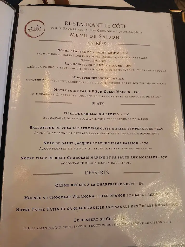 Menu_Restaurant Le Côte_Grenoble_image_1