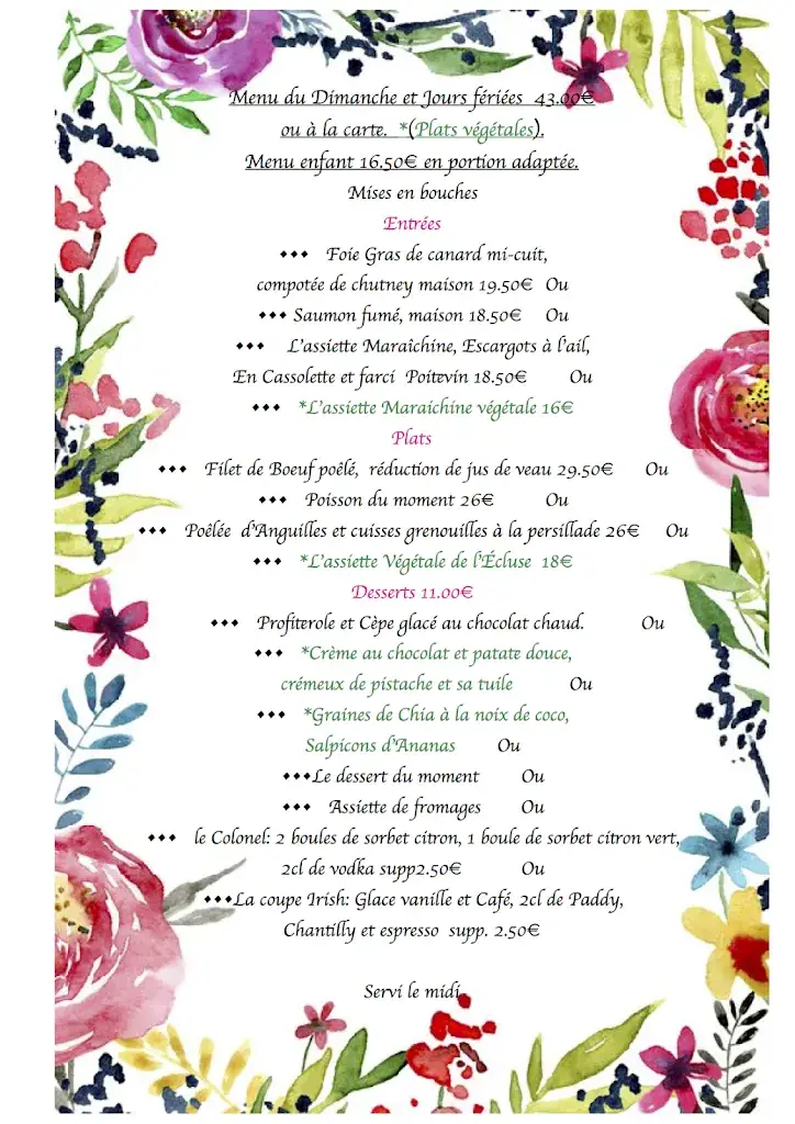 Menu_L' Auberge De L'Ecluse_Coulon_image_1