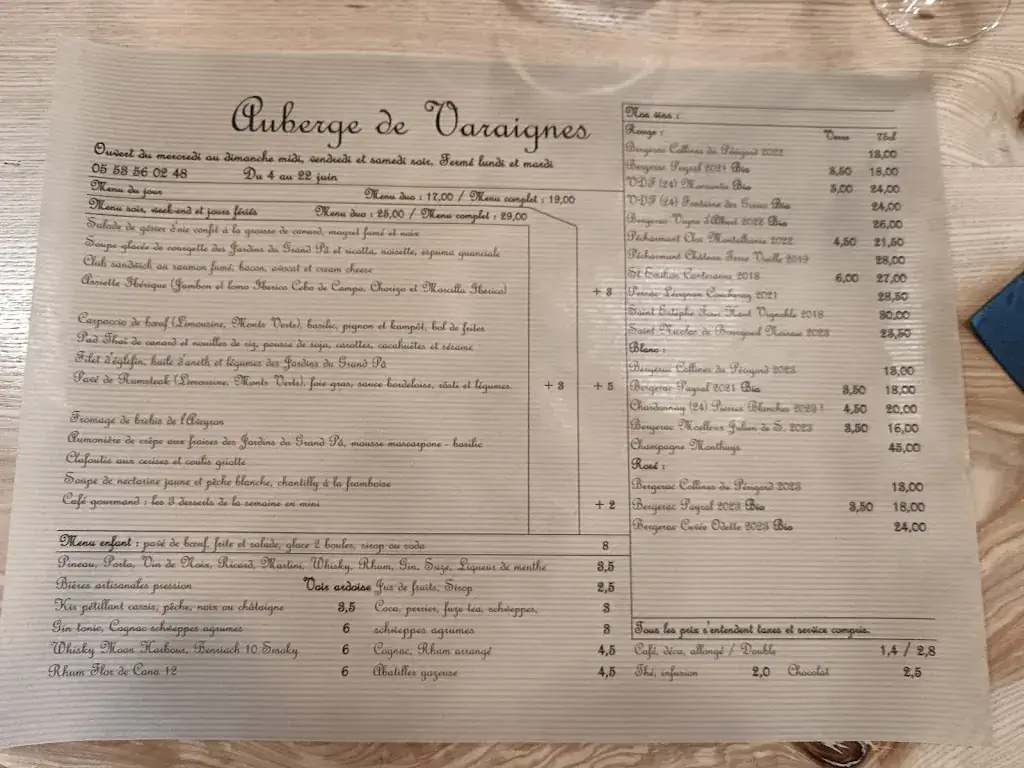 Menu_Auberge de Varaignes_Varaignes_image_1