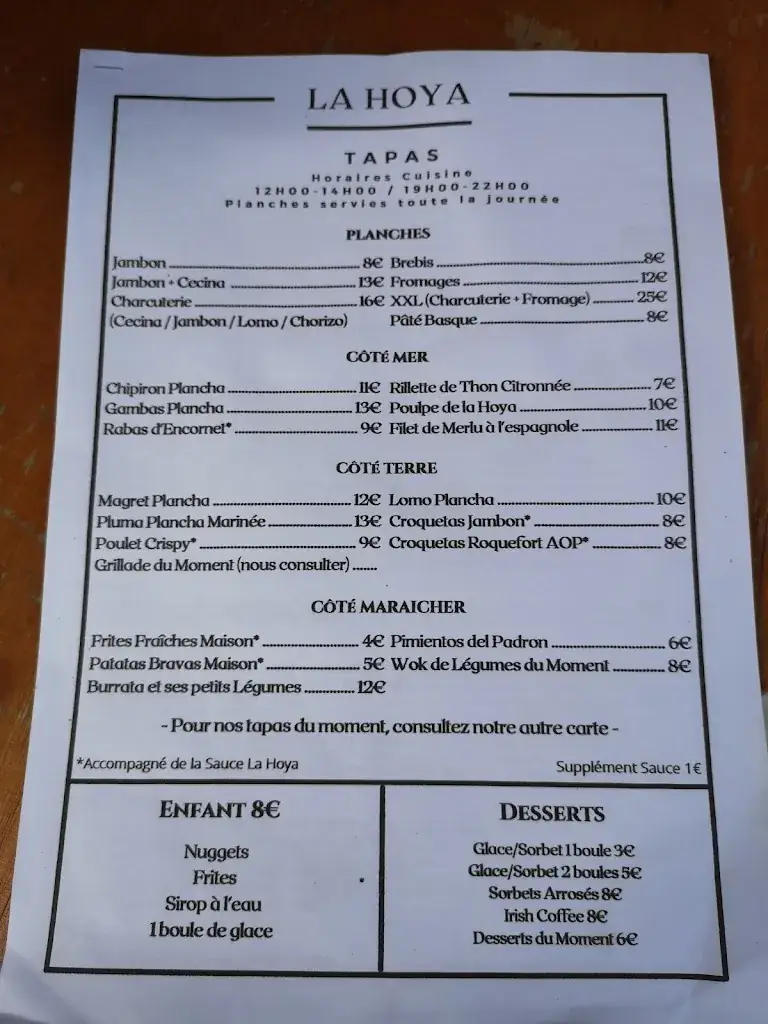 Menu_LA HOYA - Restaurant - Bar - Tapas_Labenne_imagen_1