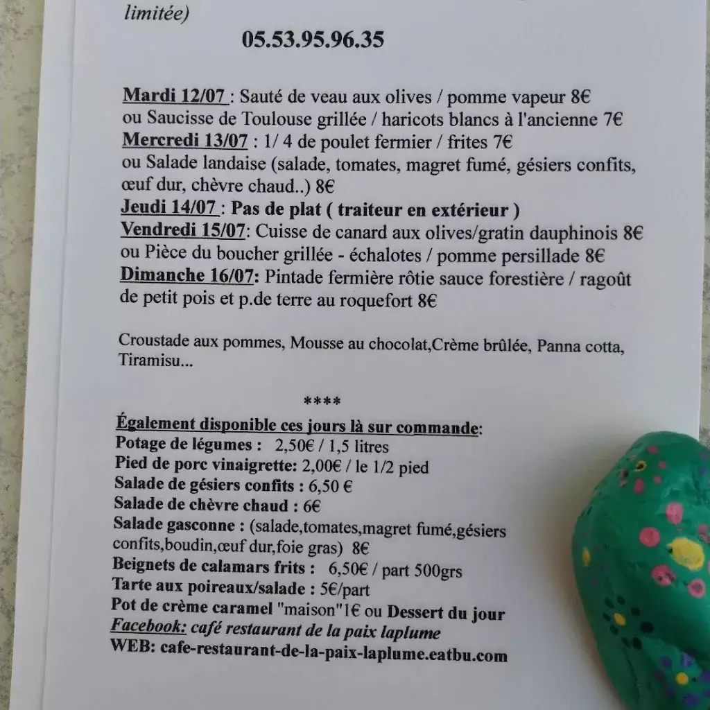 Menu_Café Restaurant de la Paix_Laplume_image_1