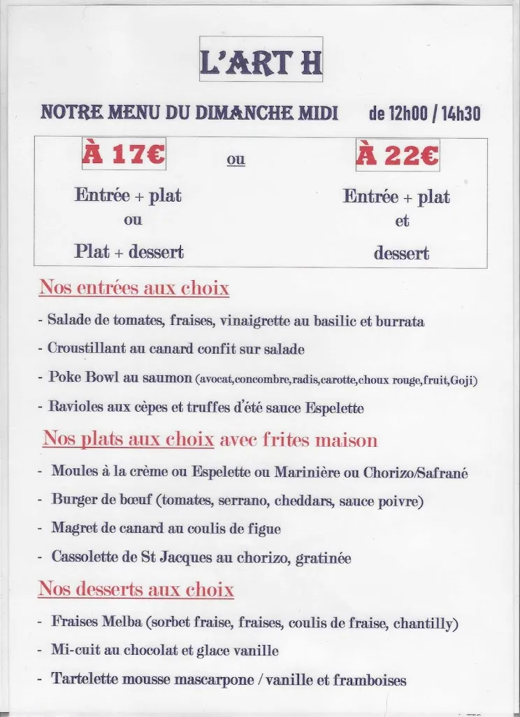 Menu_L' ART H bar licence 4 et restaurant tradionnel_Lit-et-Mixe_image_1