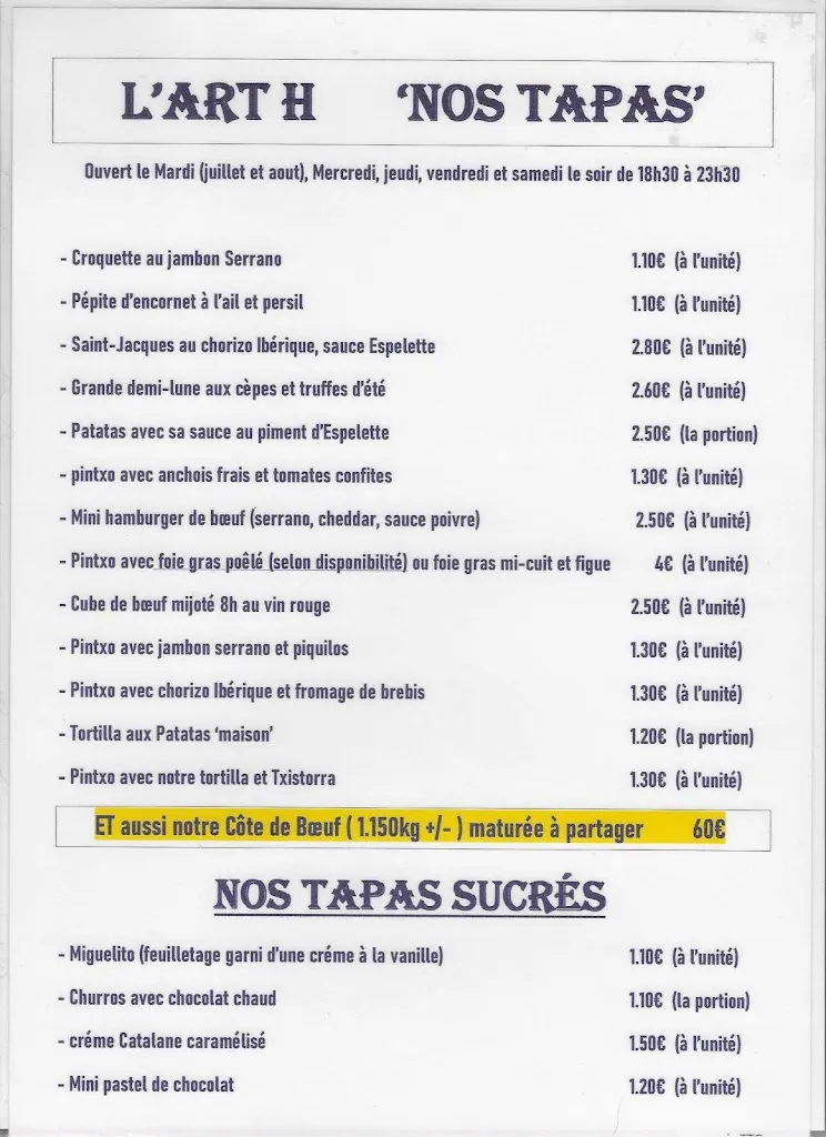 Menu_L' ART H bar licence 4 et restaurant tradionnel_Lit-et-Mixe_image_2
