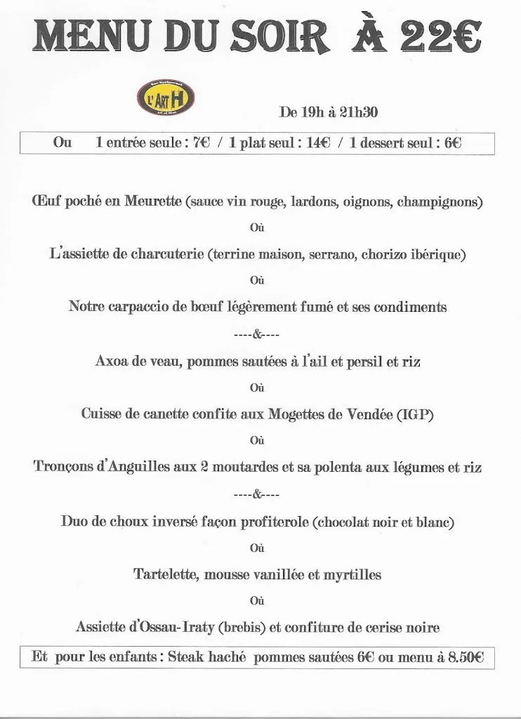 Menu_L' ART H bar licence 4 et restaurant tradionnel_Lit-et-Mixe_image_3