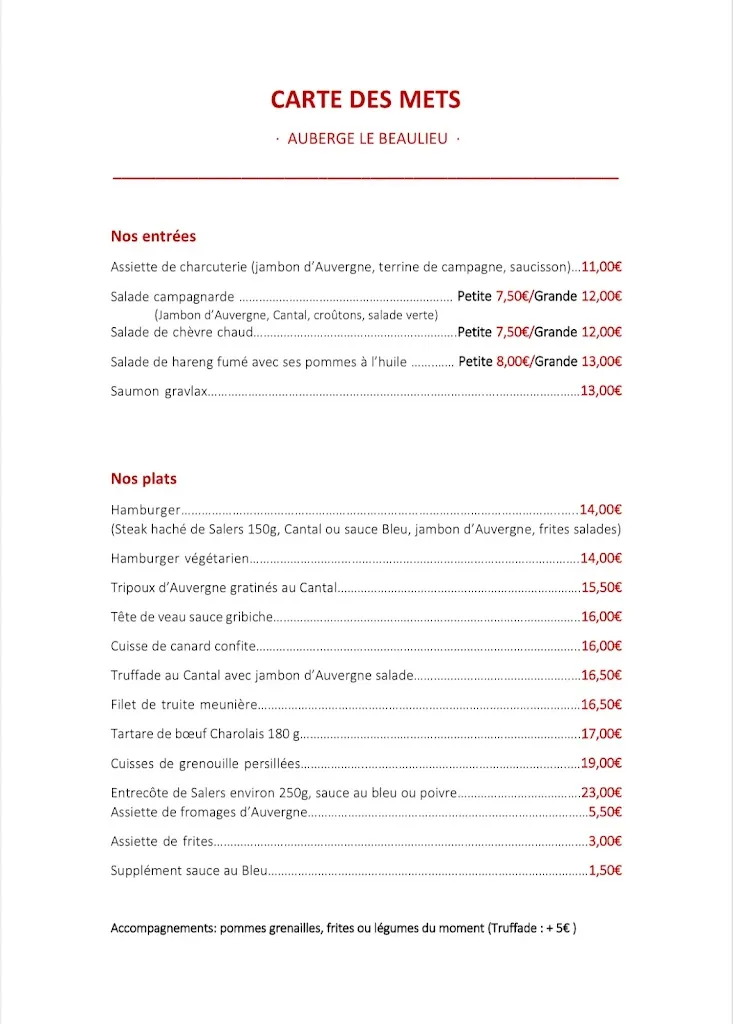 Menu_Auberge Le Beaulieu _Beaulieu_image_1