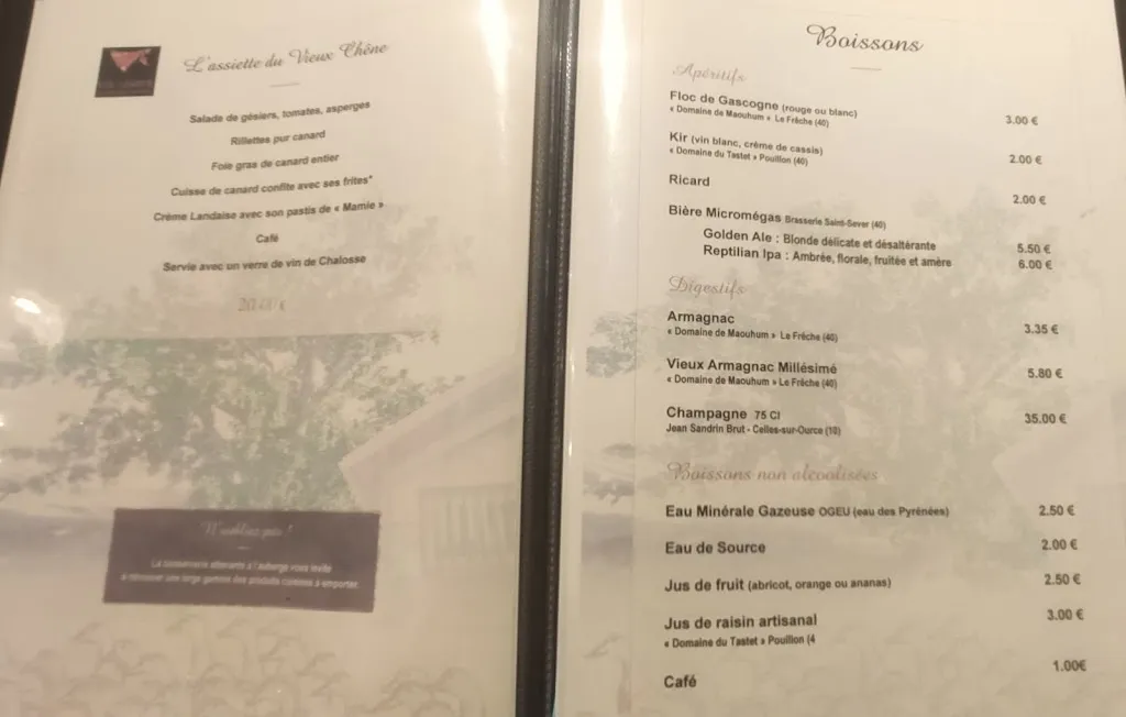 Menu_Ferme Auberge Restaurant Le Vieux Chene_Castelnau-Chalosse_image_1